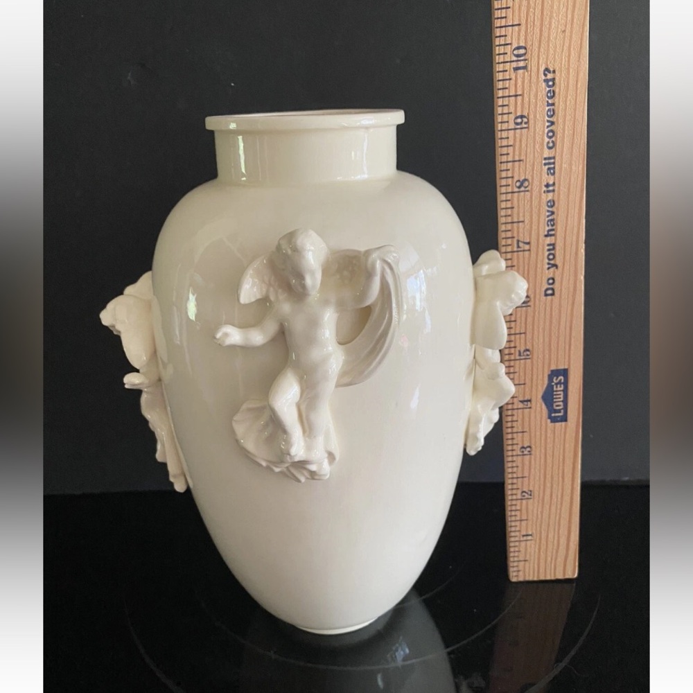 Vintage Cream Glazed Ceramic Vase with Applied Four Cupid Angels 3-D, Handmade